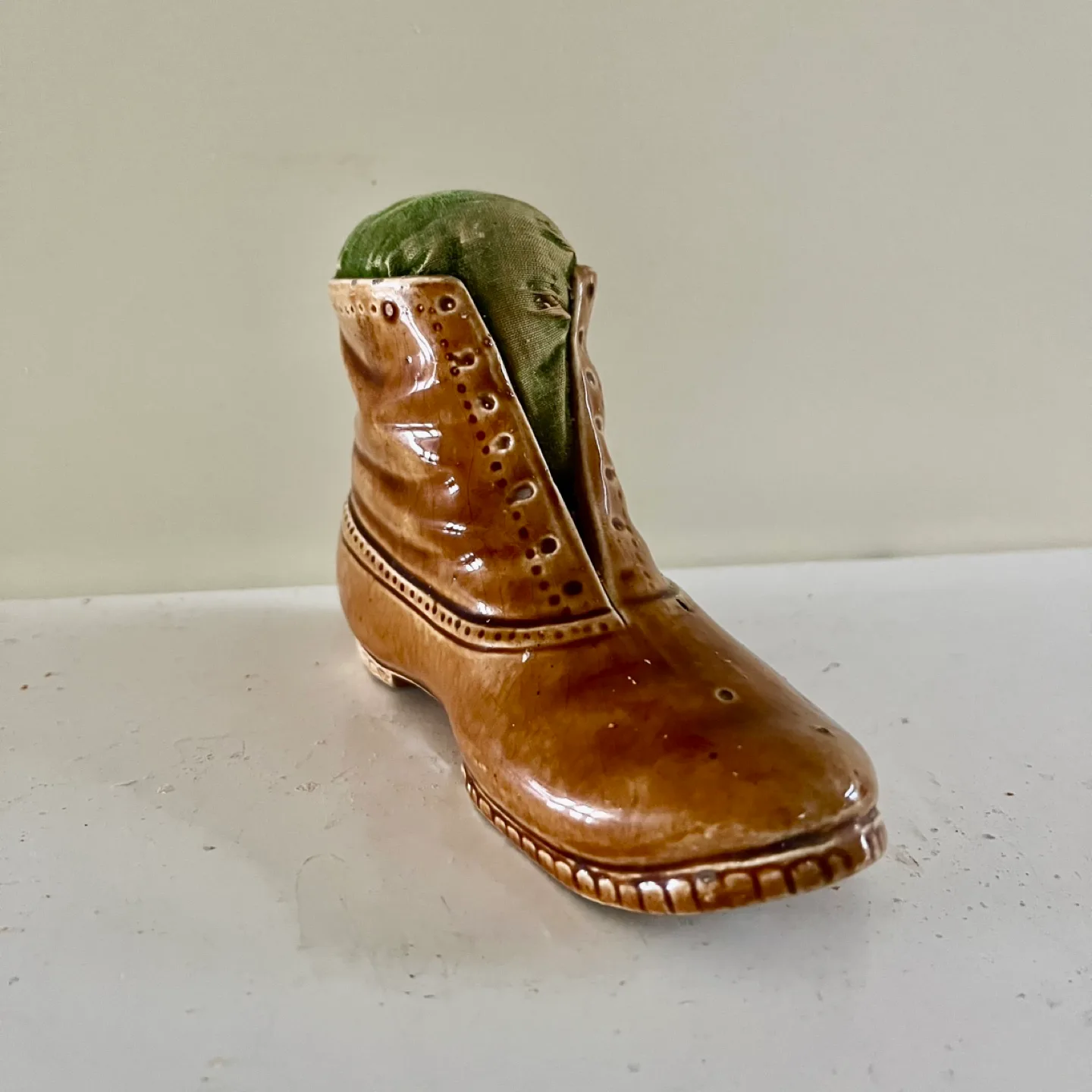 Victorian Honey Glazed Pottery BootPin Cushion thumbnail