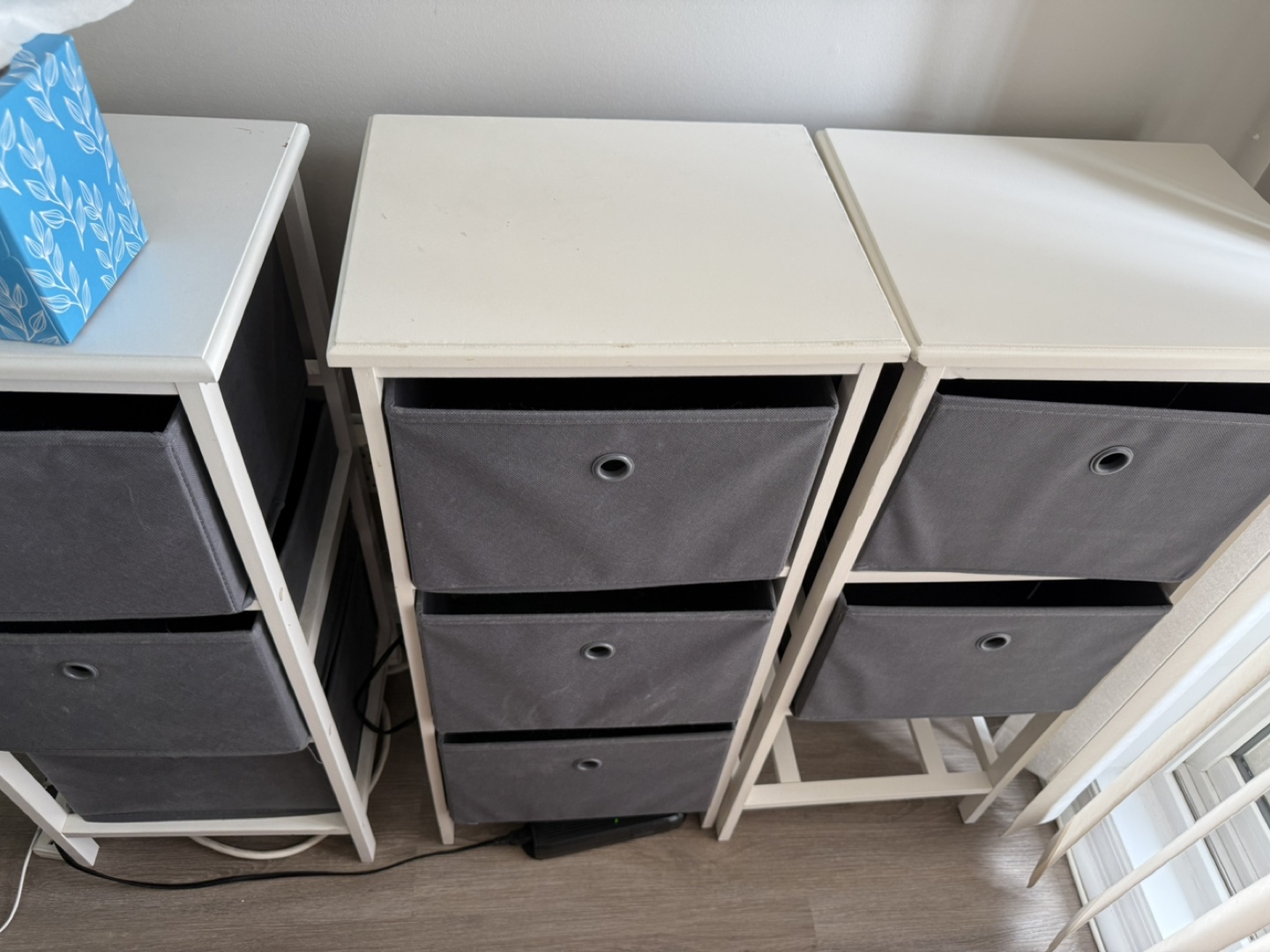 White Side Table with Gray Fabric Drawers