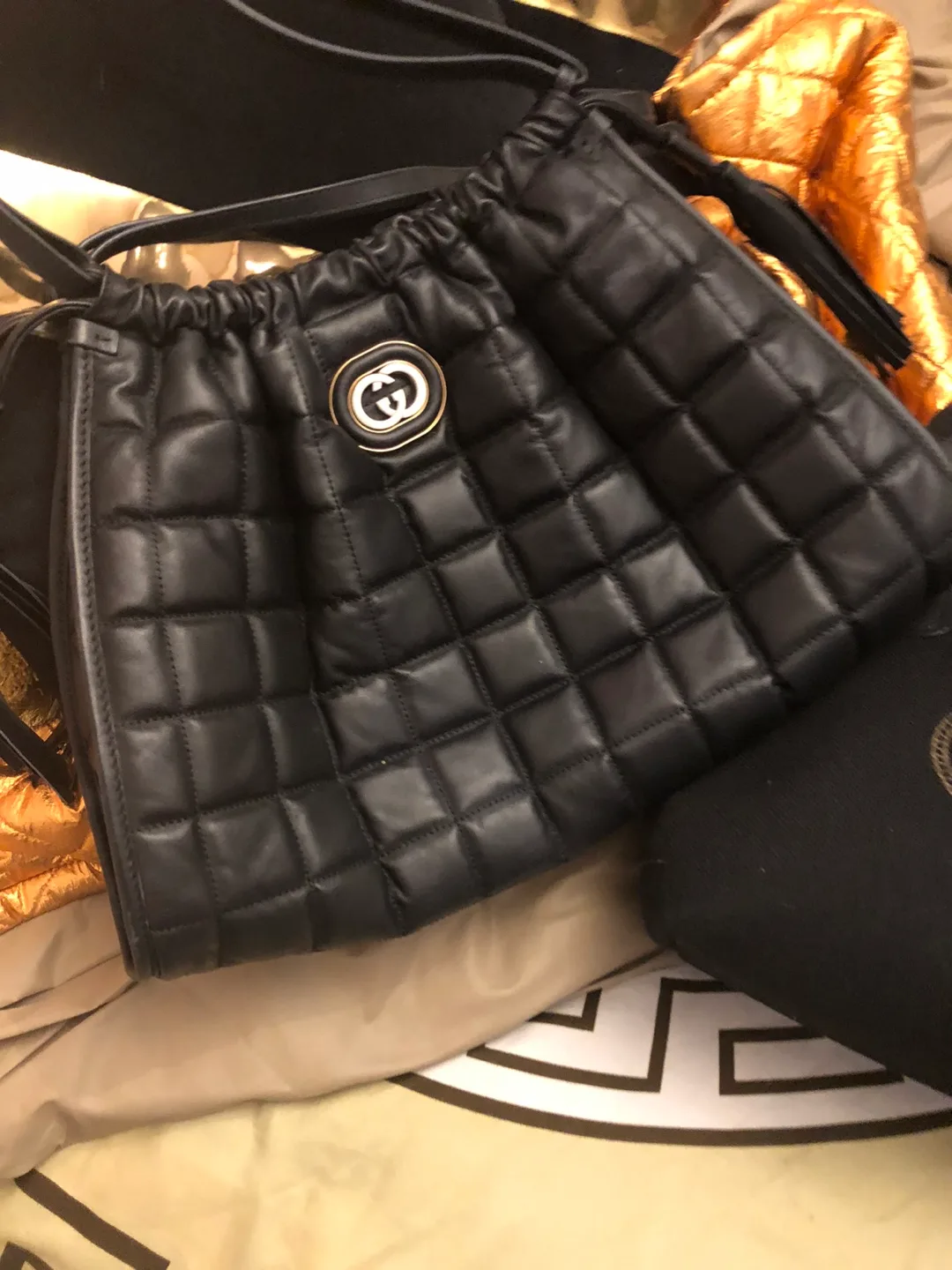 Gucci Black Quilted Leather Drawstring Bag thumbnail