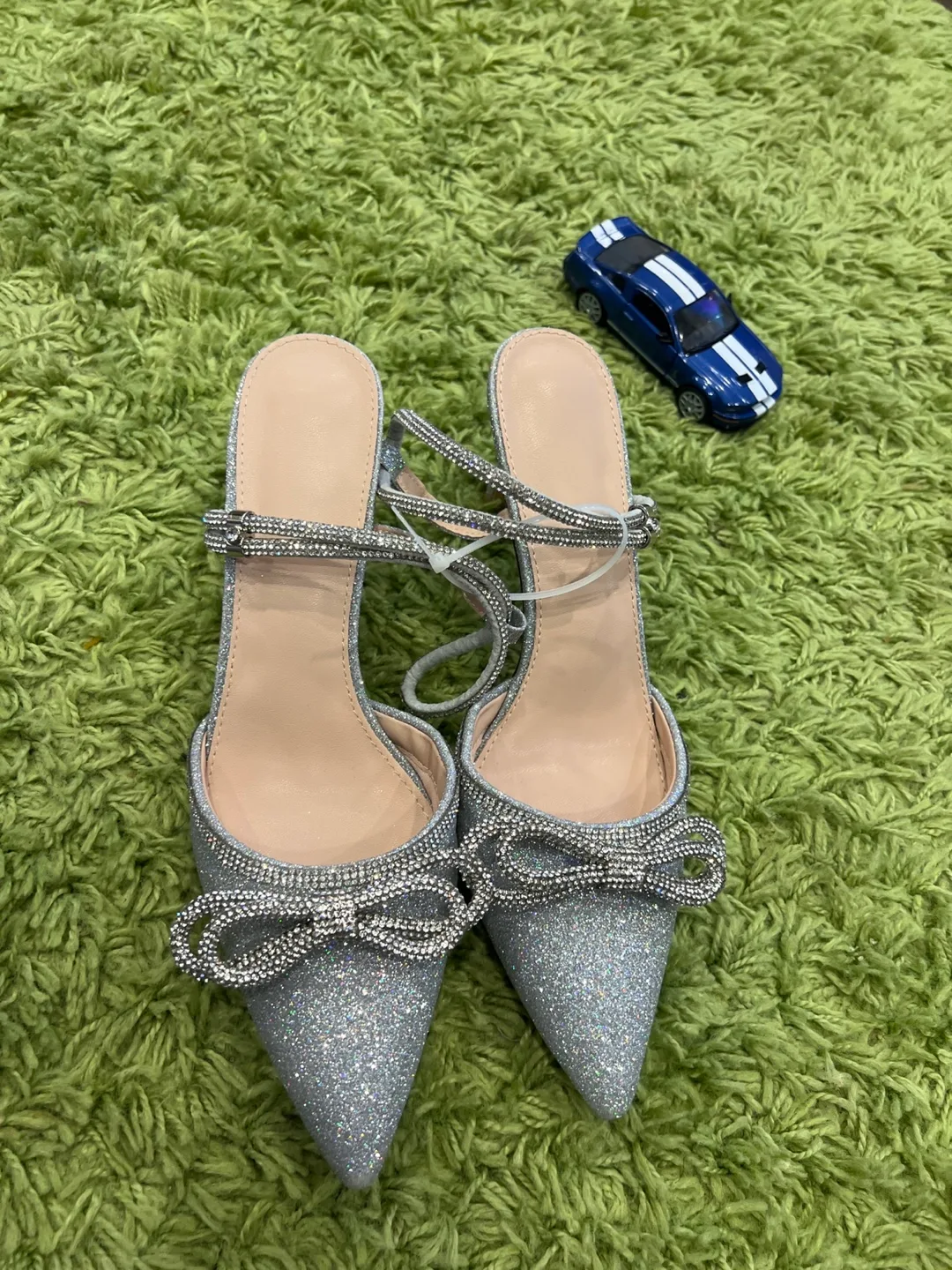 Silver Glitter Heels with Bow Detail image indicator(2)