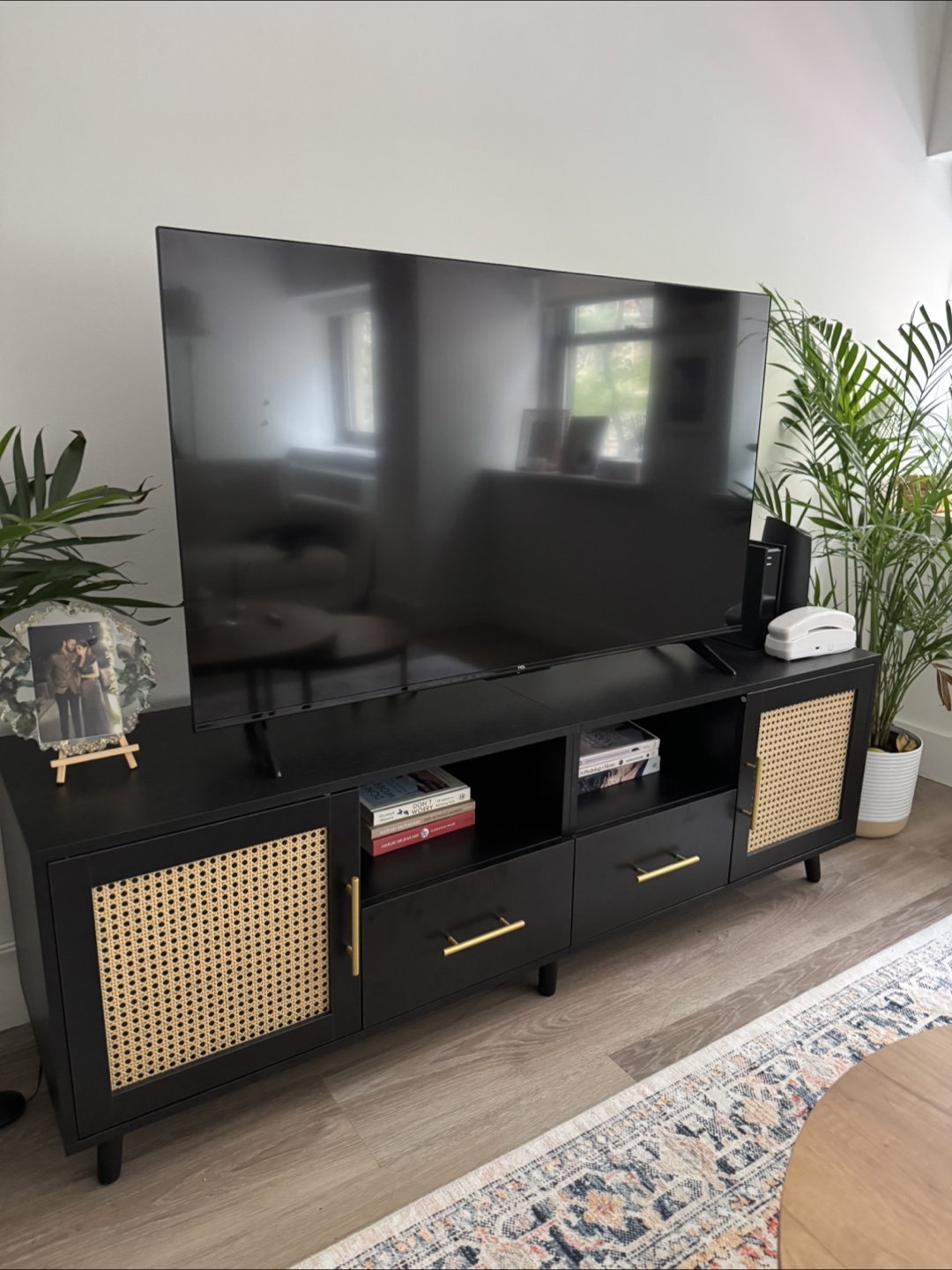 Black TV Stand with Rattan Doors