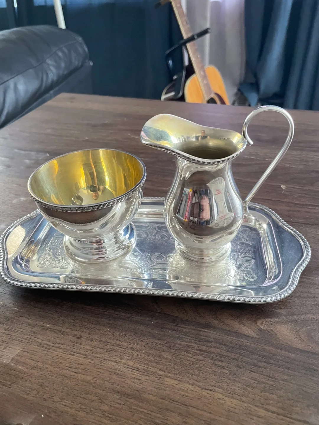 Vintage Silver Plated Creamer, Sugar Bowl & Tray Set thumbnail