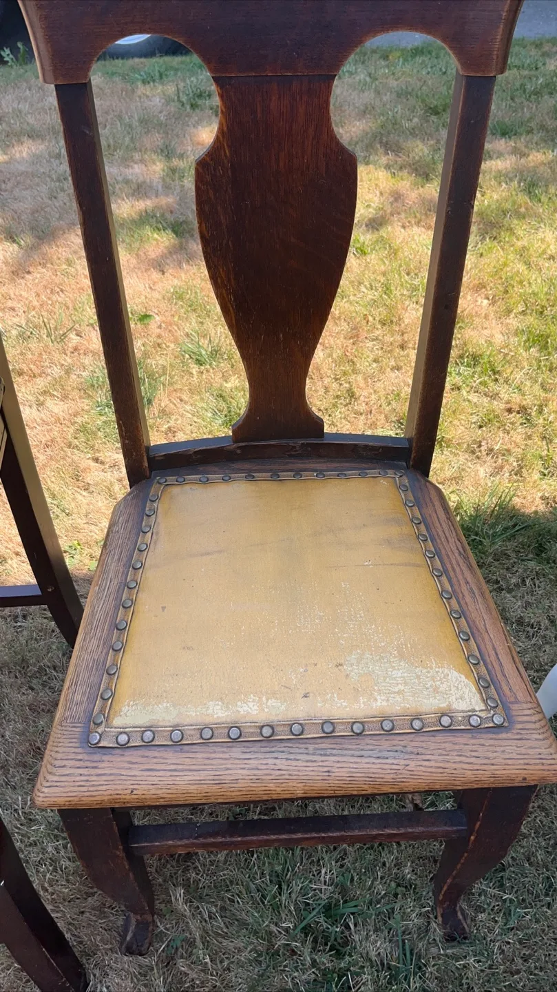 Antique Oak Wooden Chair with Leather Seat thumbnail