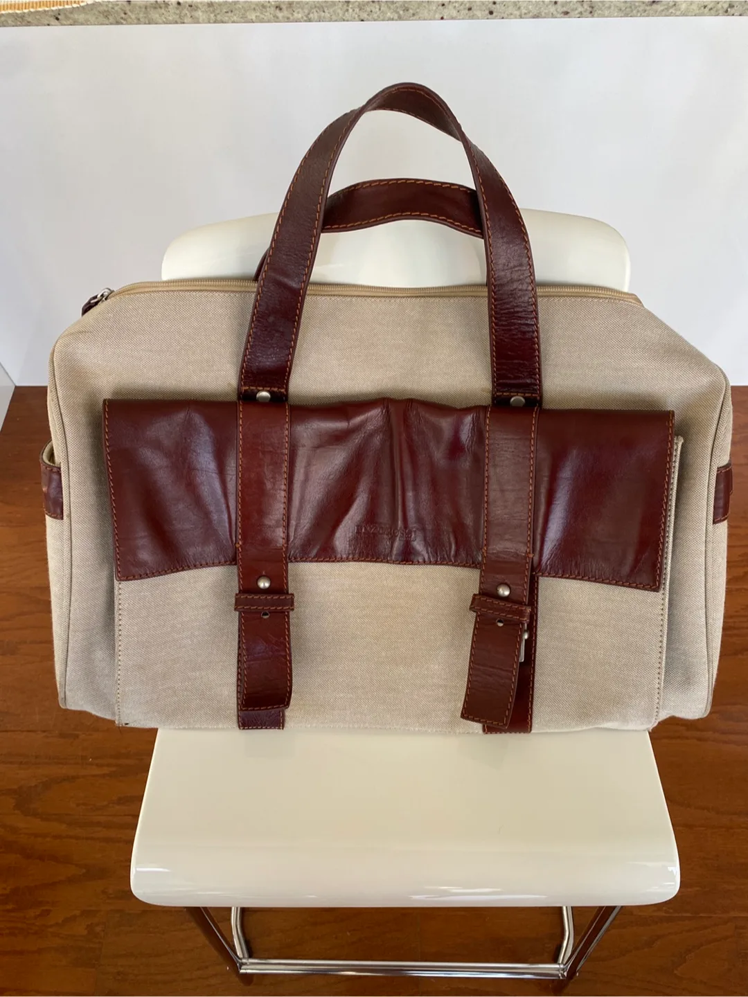 Enzo Rossi Beige & Brown Leather Trim Travel Bag thumbnail