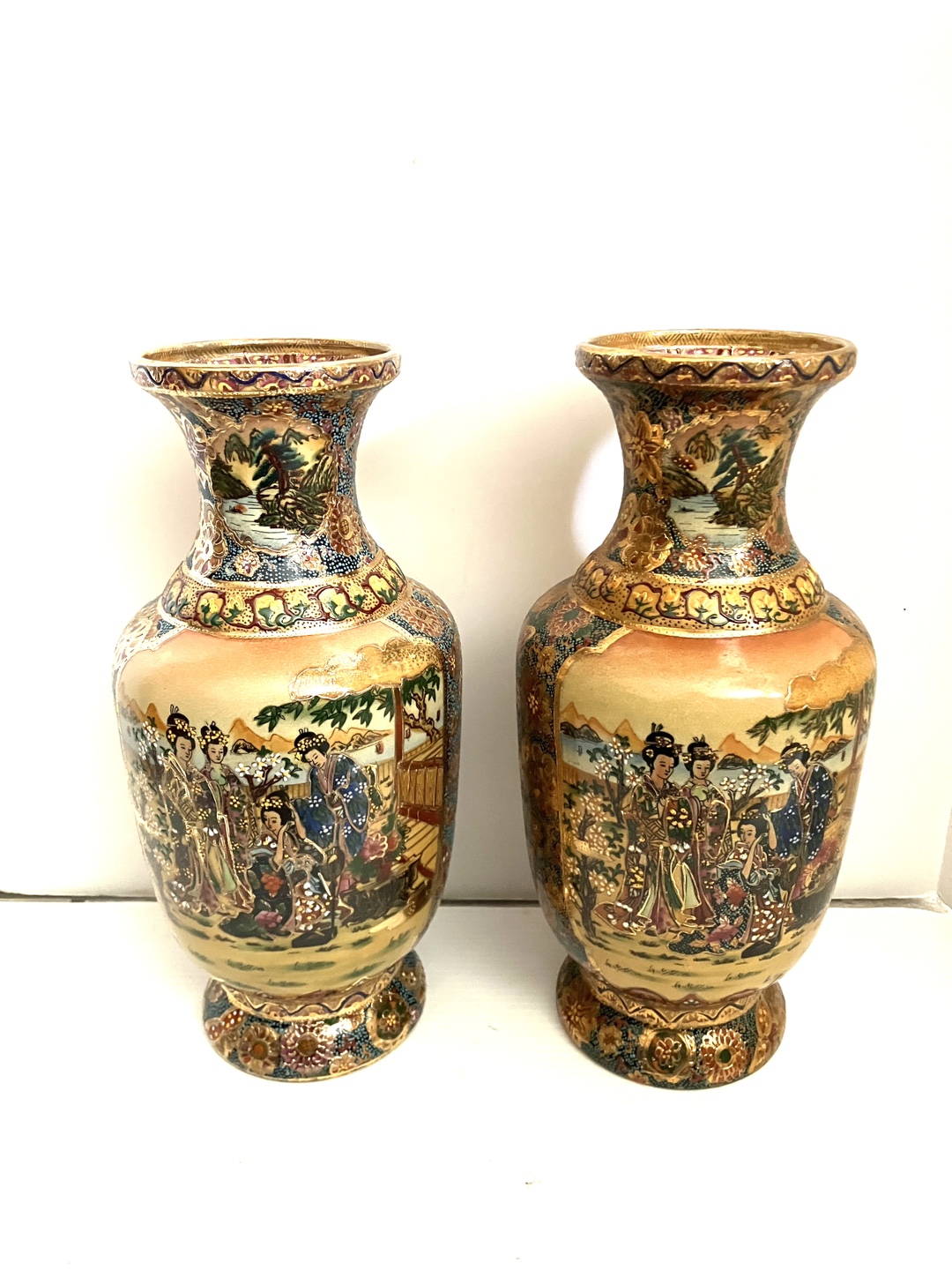 Pair of satsuma 14” vase gold hand painted ox