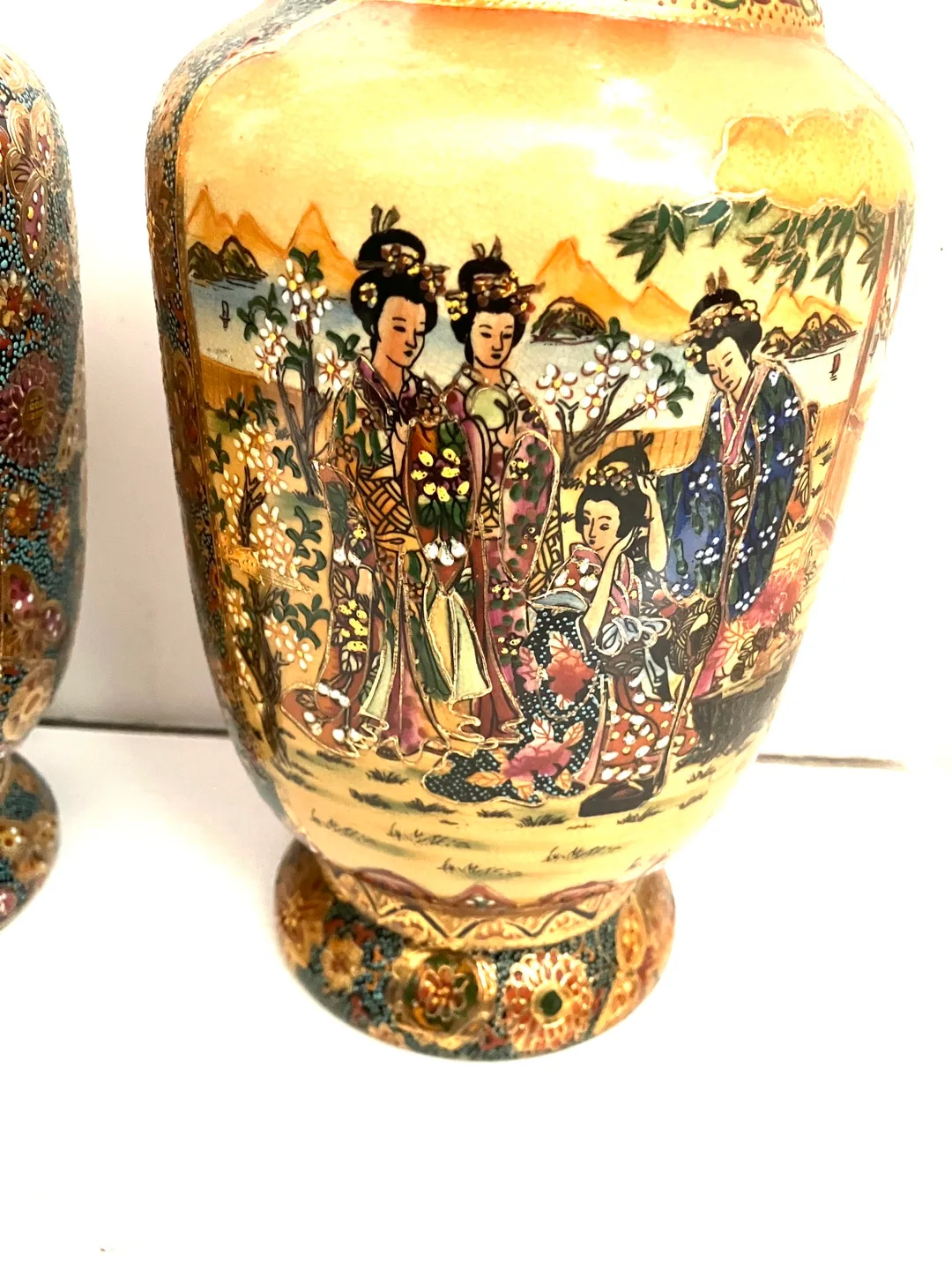 Pair of satsuma 14” vase gold hand painted ox image indicator(2)