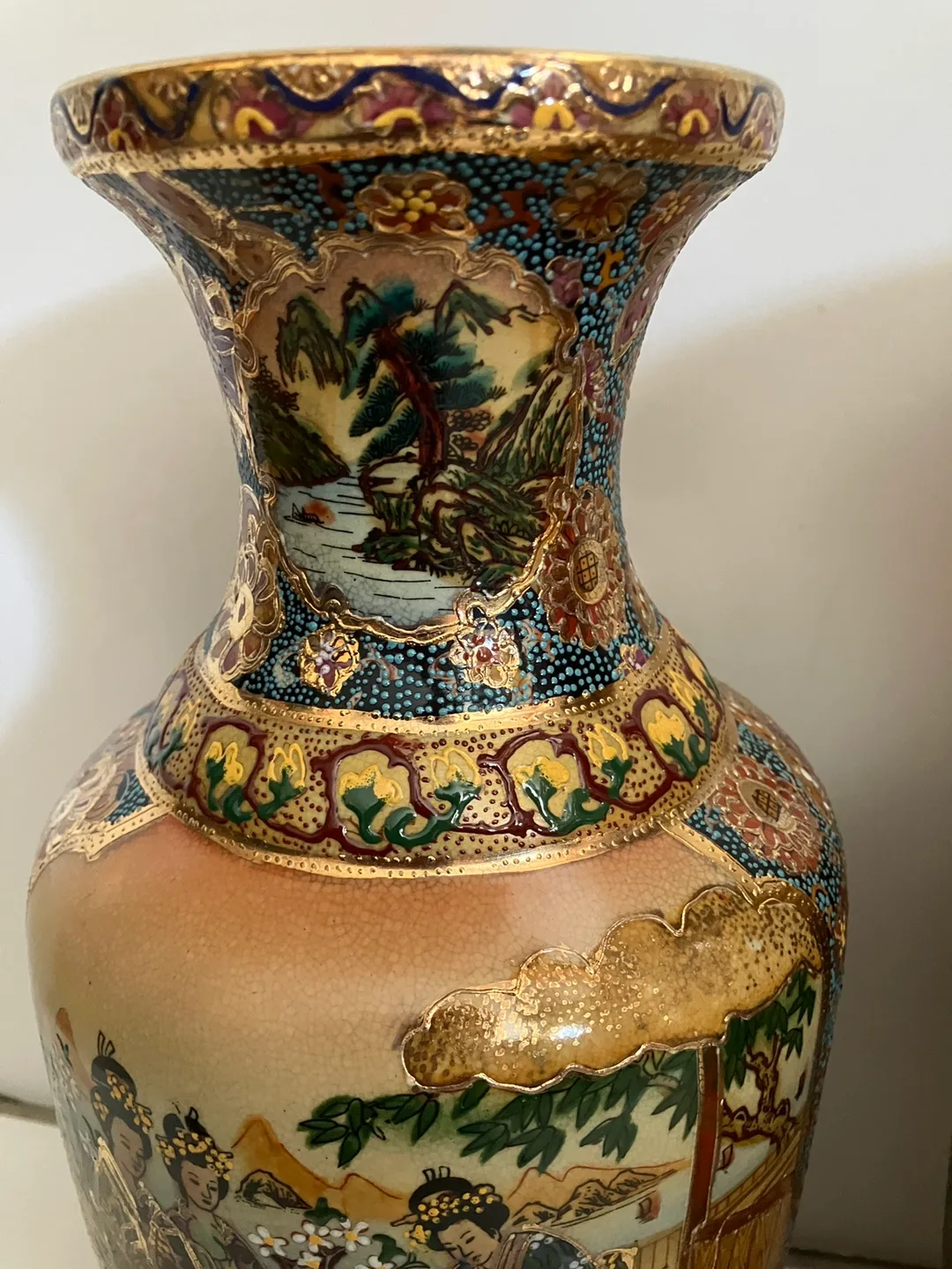 Pair of satsuma 14” vase gold hand painted ox image indicator(3)