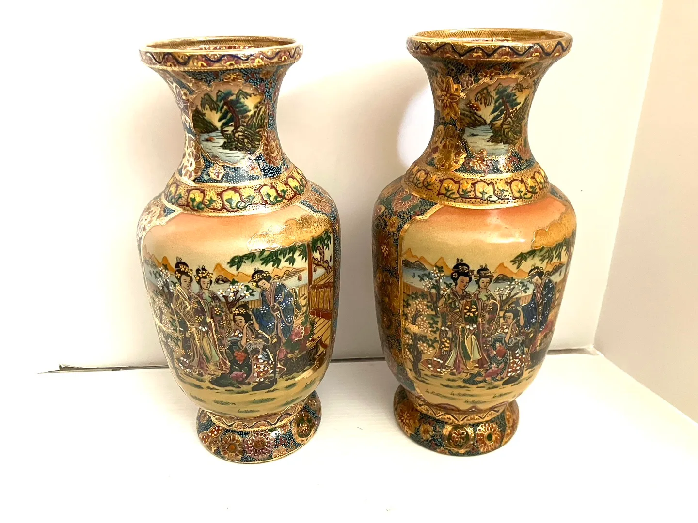 Pair of satsuma 14” vase gold hand painted ox image indicator(5)