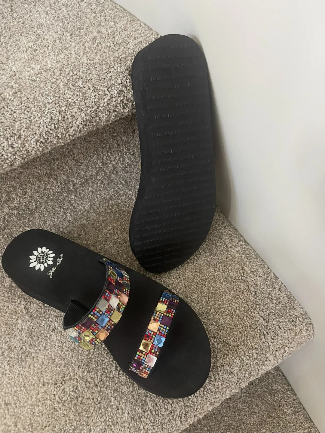 NEW and UNWORN YELLOW BOX Black Embellished Sandals image indicator(3)