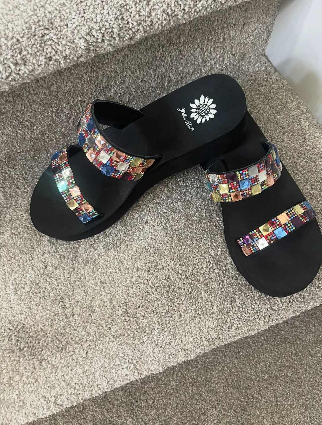 NEW and UNWORN YELLOW BOX Black Embellished Sandals image indicator(4)