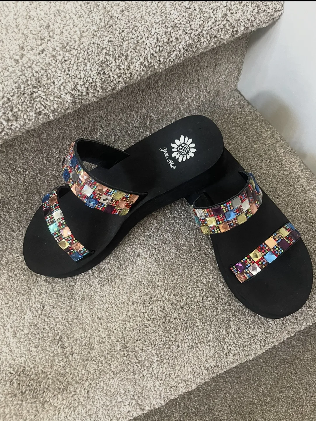 NEW and UNWORN YELLOW BOX Black Embellished Sandals thumbnail
