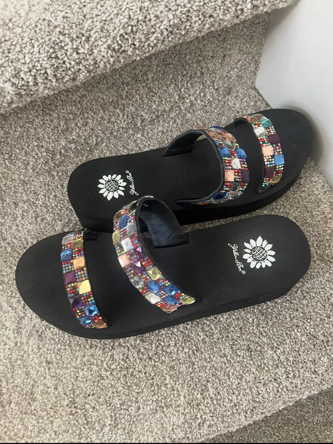 NEW and UNWORN YELLOW BOX Black Embellished Sandals image indicator(2)