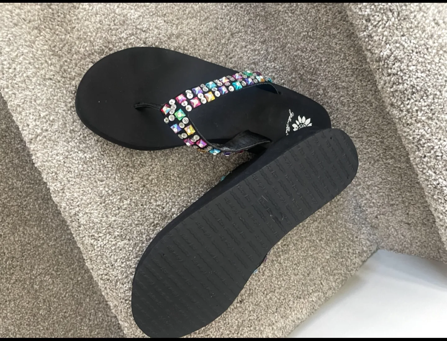 FREE GIFT+NEW and UNWORN YELLOW BOX Black Embellished Flip Flops image indicator(4)