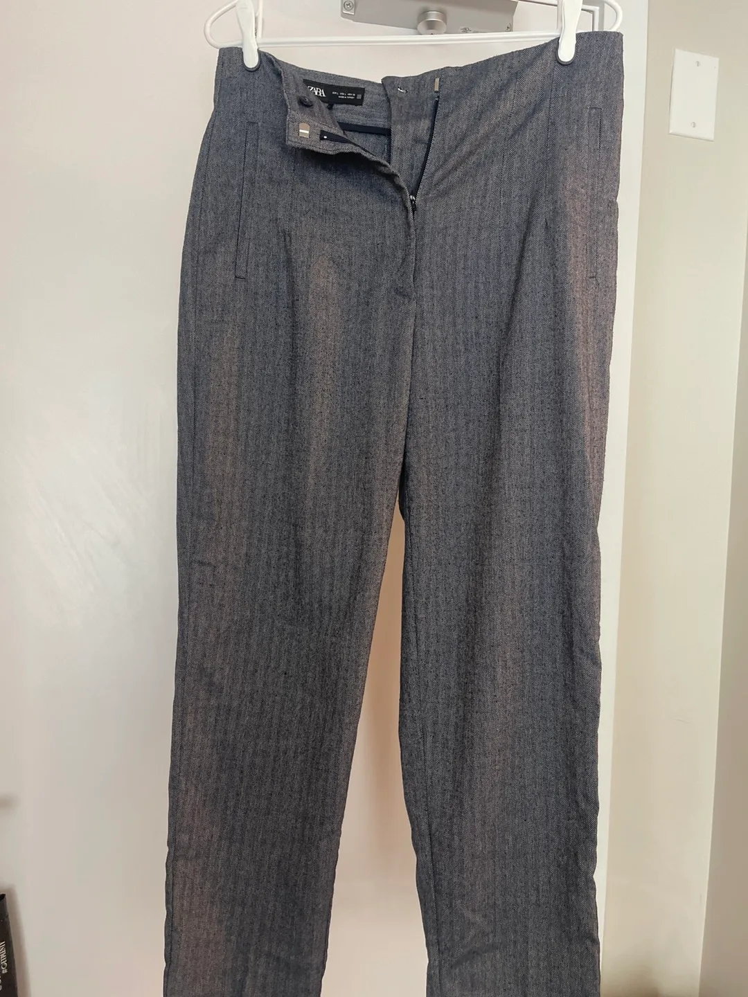 Zara Grey Herringbone Trousers - Size L thumbnail