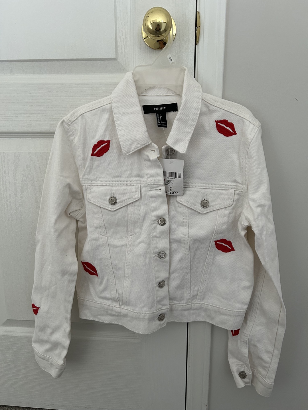 Forever 21 White Denim Jacket with Red Lips - Size S