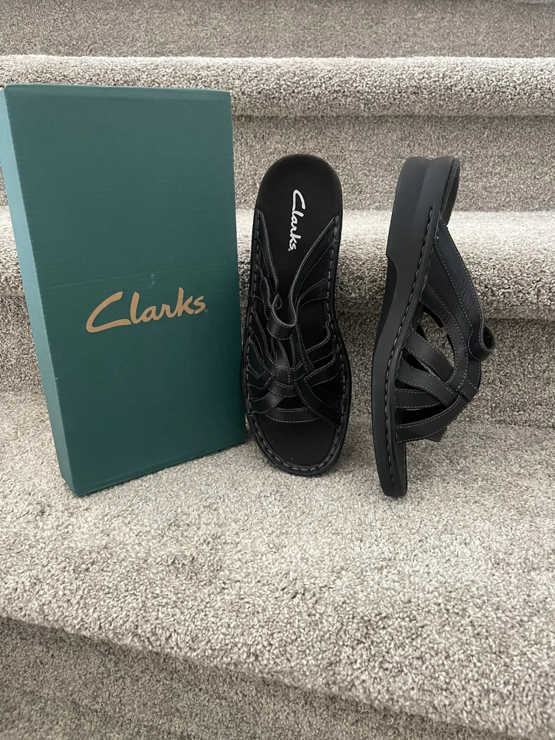 *REDUCED*NEW Clarks Women's Black Leather Sandals with Box image indicator(3)