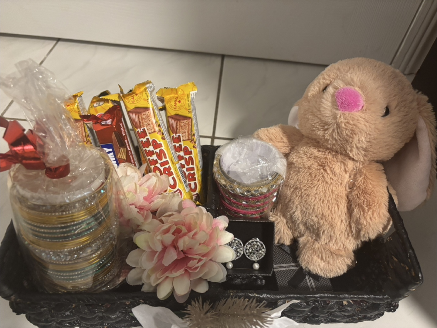 Gift Basket with Coffee Crisp, Bunny, Bangles & Earrings