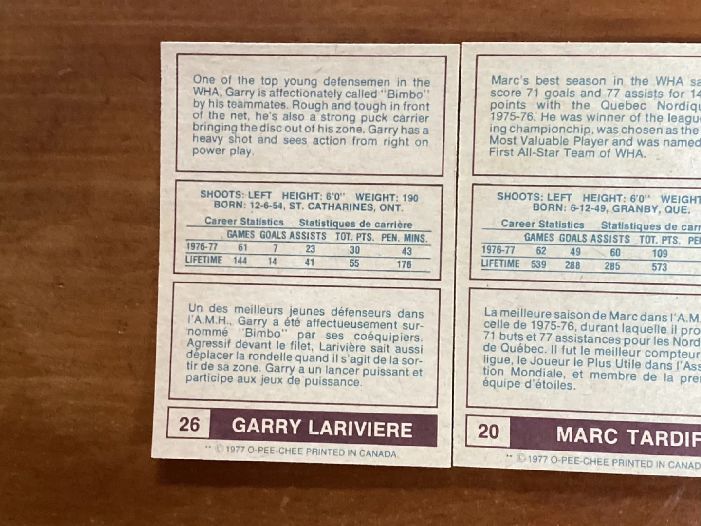 2. 1977-78 O-PEE-CHEE WHA QUEBEC NORDIQUES Cards #’s 20 & 26 image indicator(5)