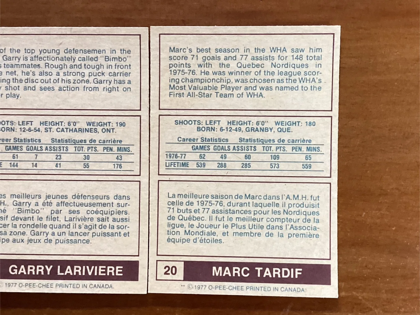 2. 1977-78 O-PEE-CHEE WHA QUEBEC NORDIQUES Cards #’s 20 & 26 image indicator(6)