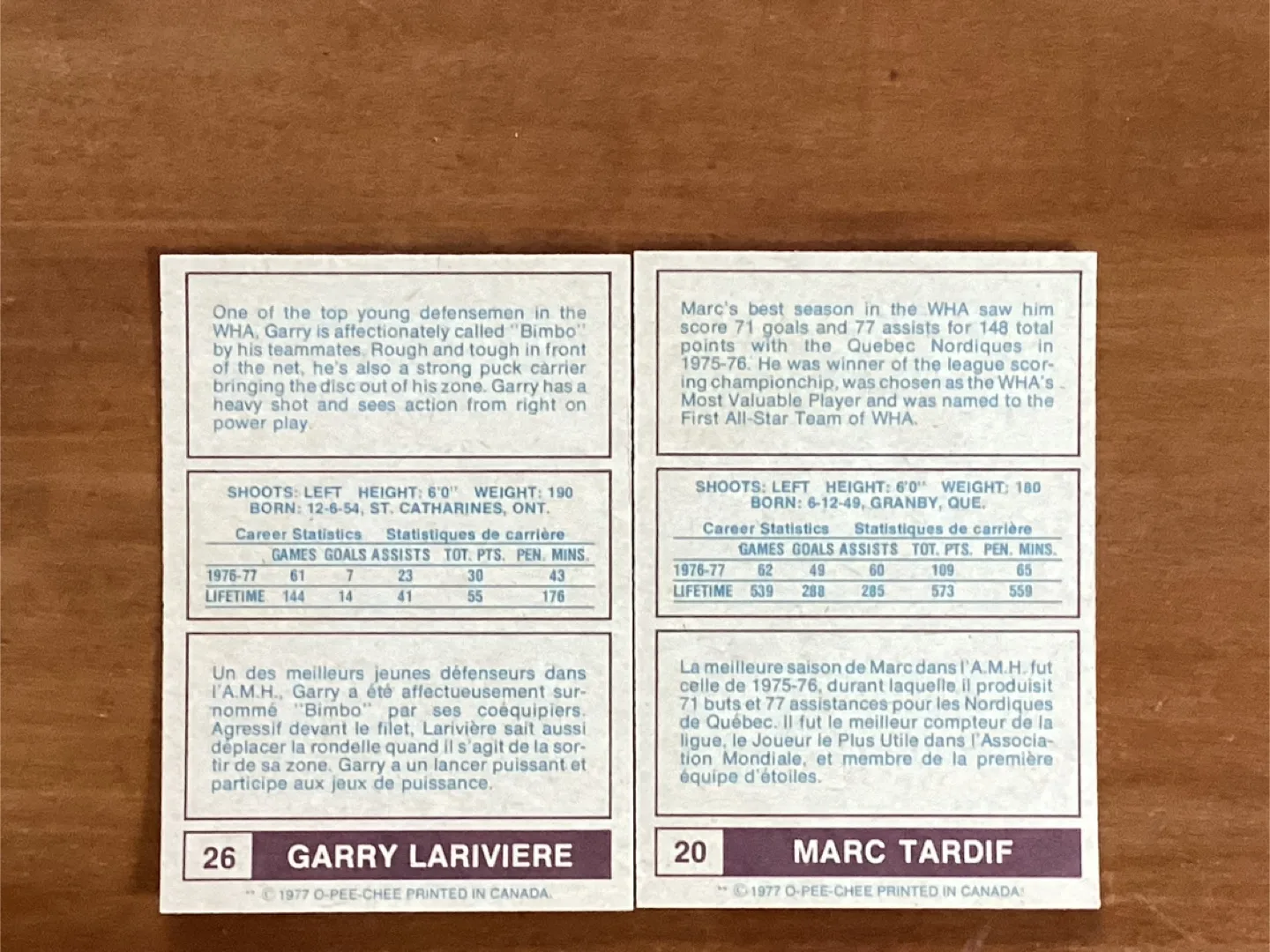 2. 1977-78 O-PEE-CHEE WHA QUEBEC NORDIQUES Cards #’s 20 & 26 image indicator(4)