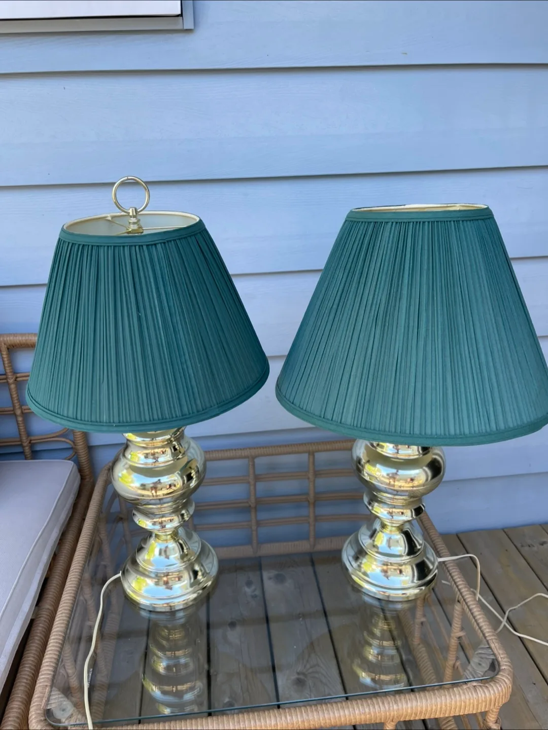 Pair of Vintage Gold Table Lamps with Green Shades thumbnail