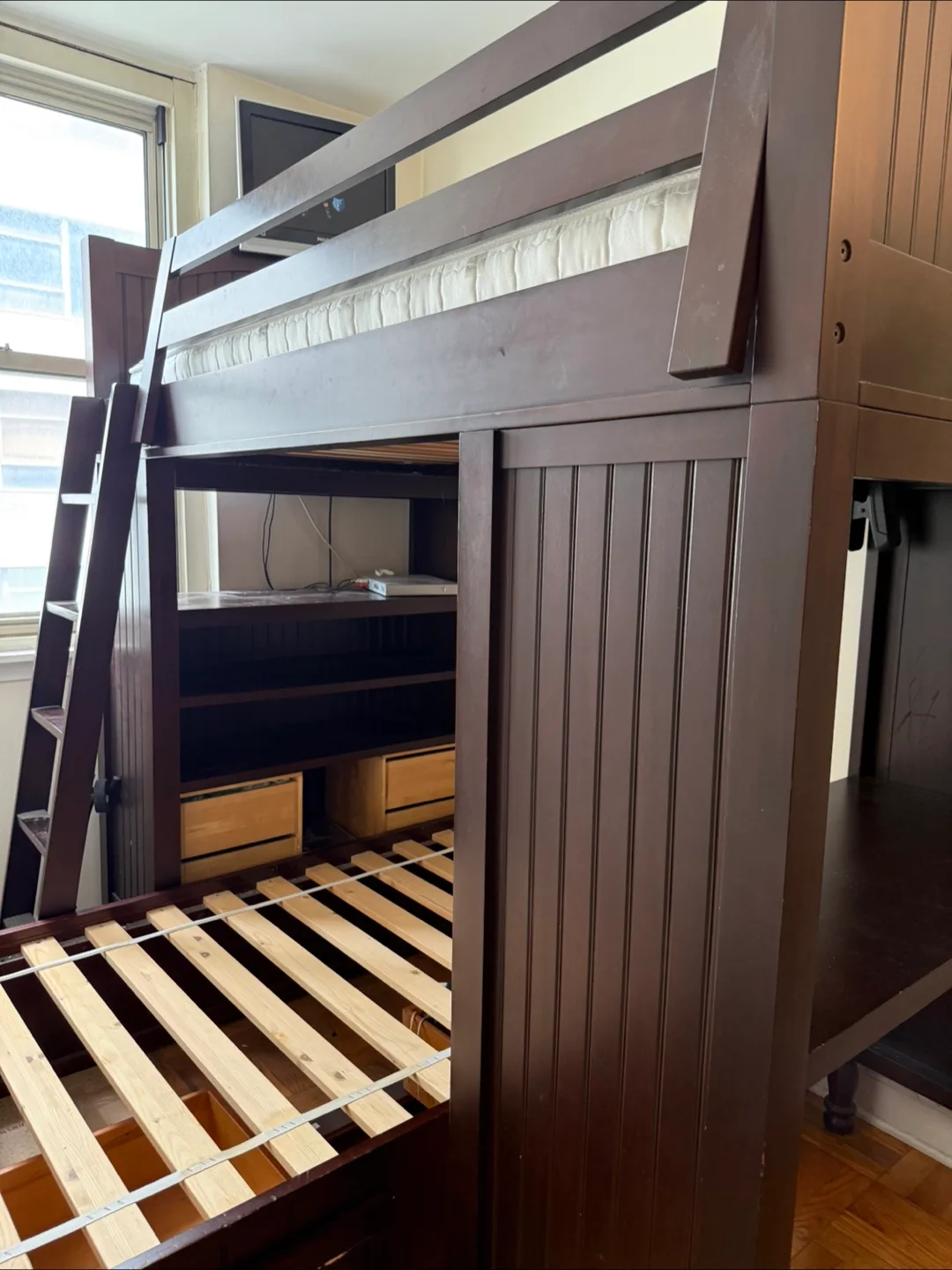 Pottery Barn Dark Brown Wooden Loft Bed with Desk & Storage thumbnail