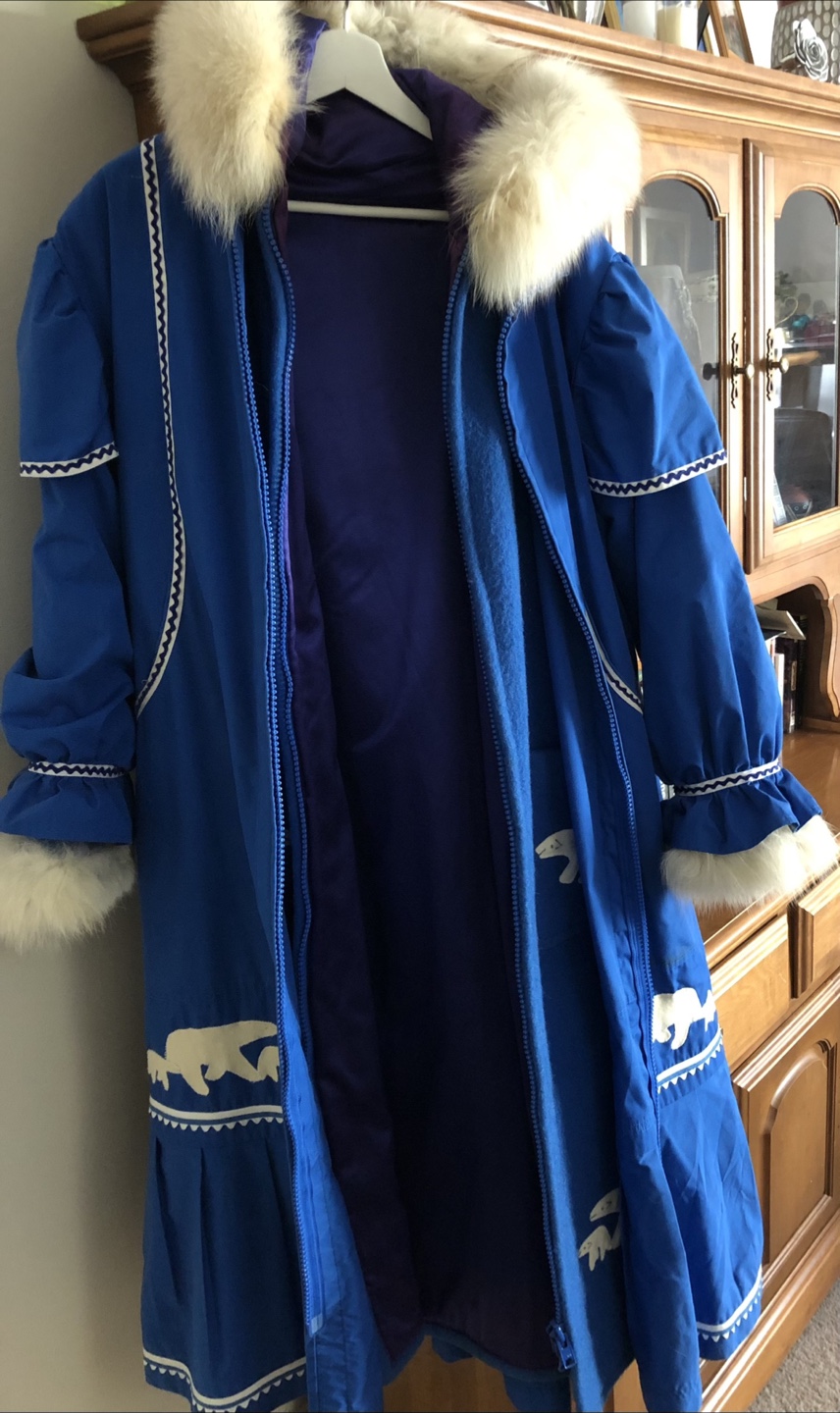 Blue handmade Parka with Fur Hood & Polar Bear Design