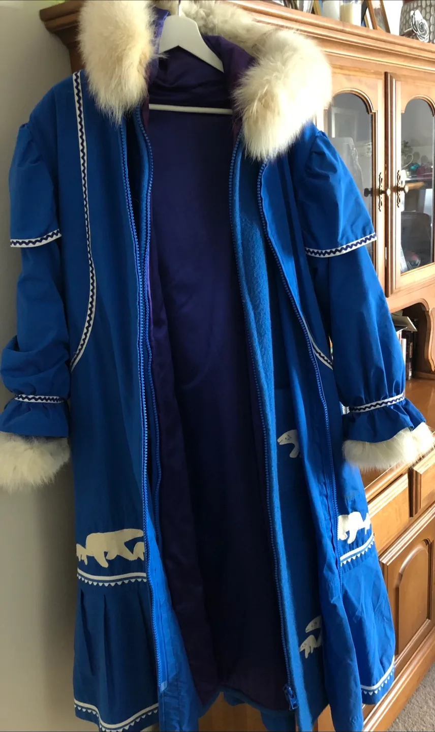 Blue handmade Parka with Fur Hood & Polar Bear Design thumbnail