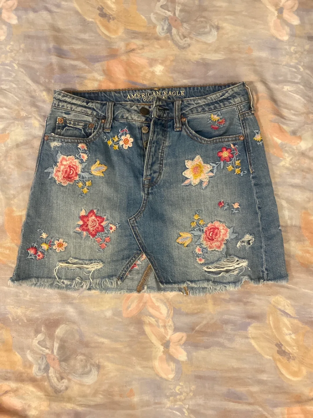 American Eagle Embroidered Floral Denim Skirt thumbnail