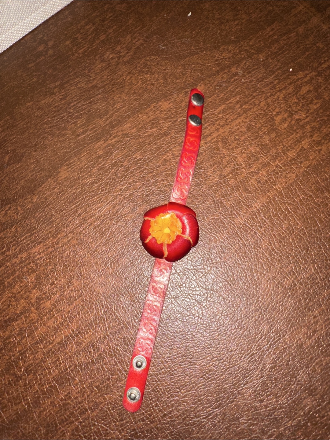 Red Leather Flower Bracelet - photo 3