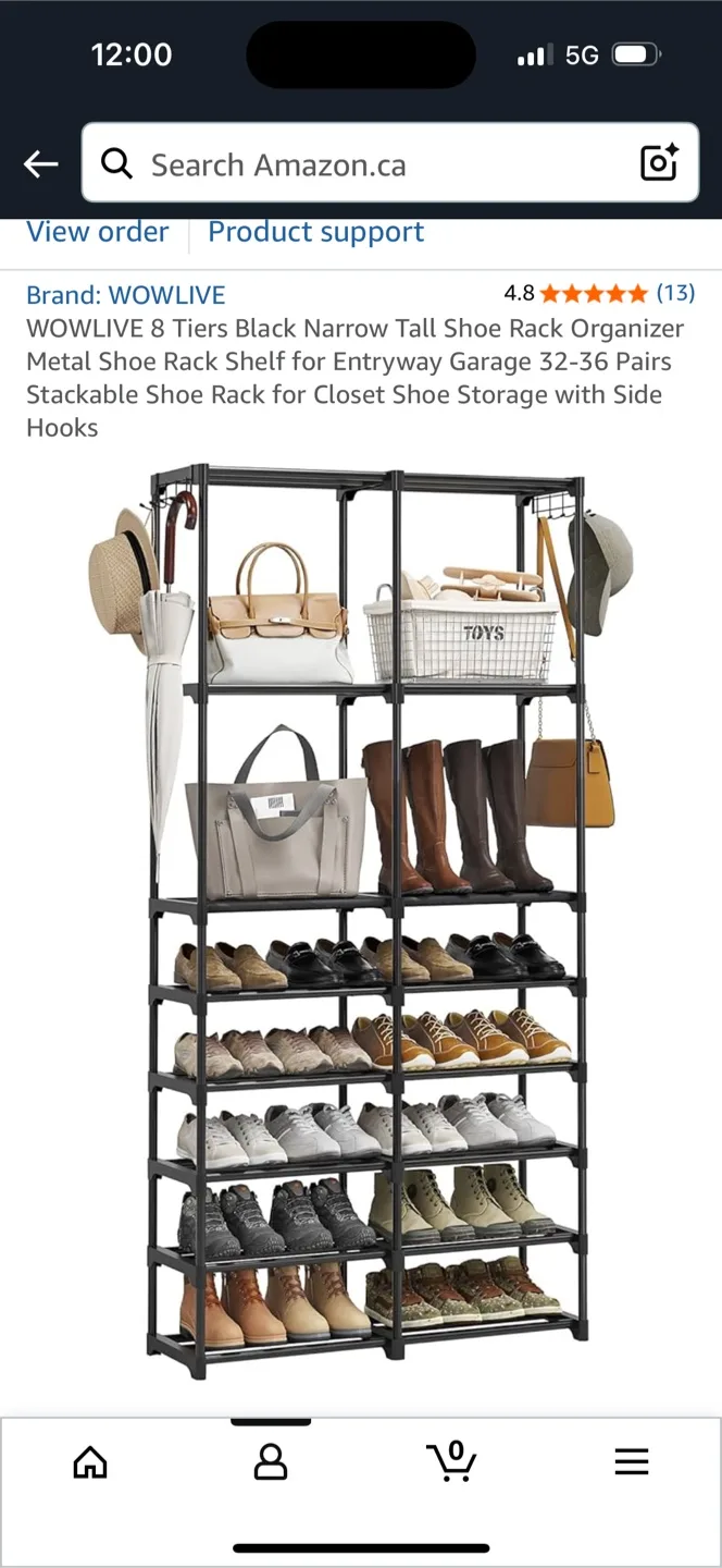 WOWLIVE 8-Tier Shoe Rack - Black Metal Shelf