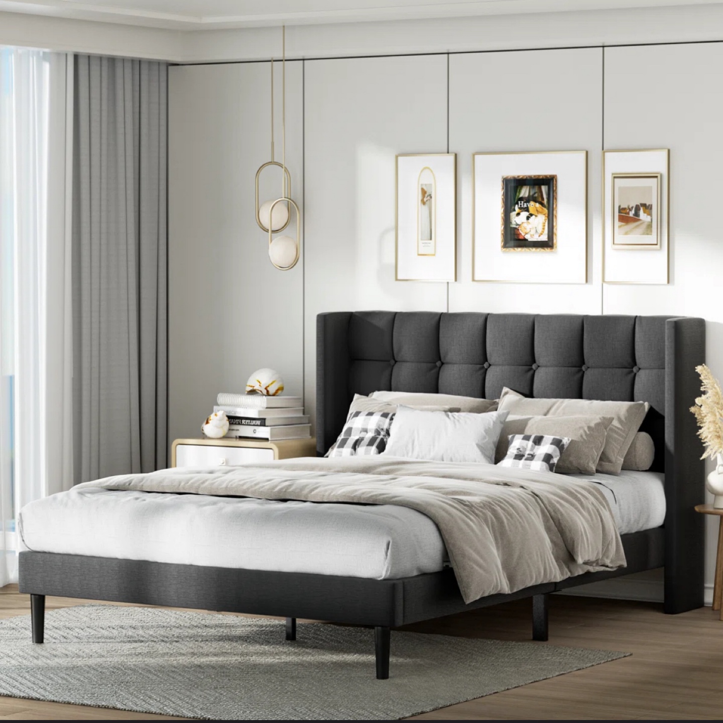 Queen Size Grey Upholstered Platform Bed Frame