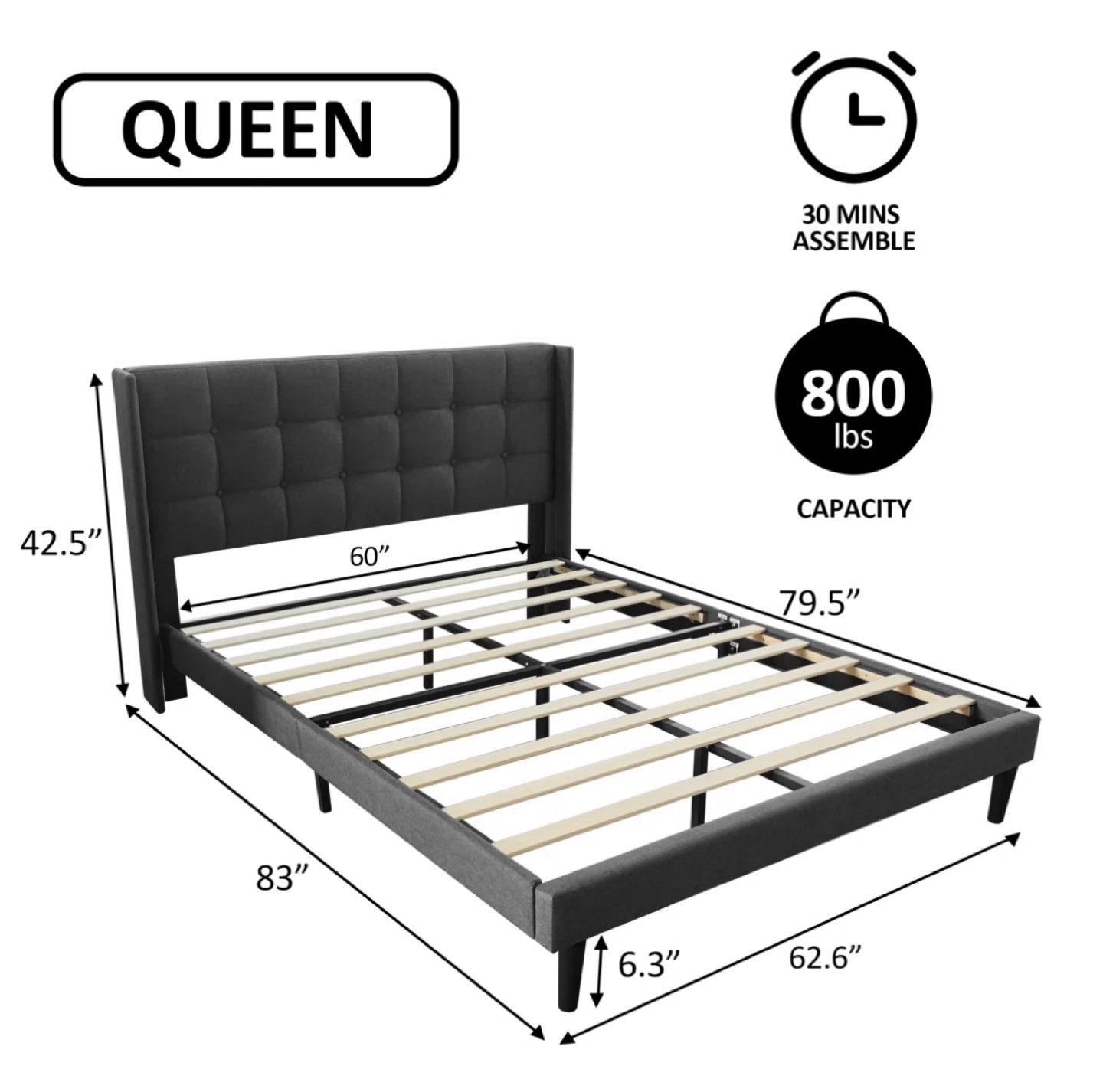 Queen Size Grey Upholstered Platform Bed Frame - photo 4