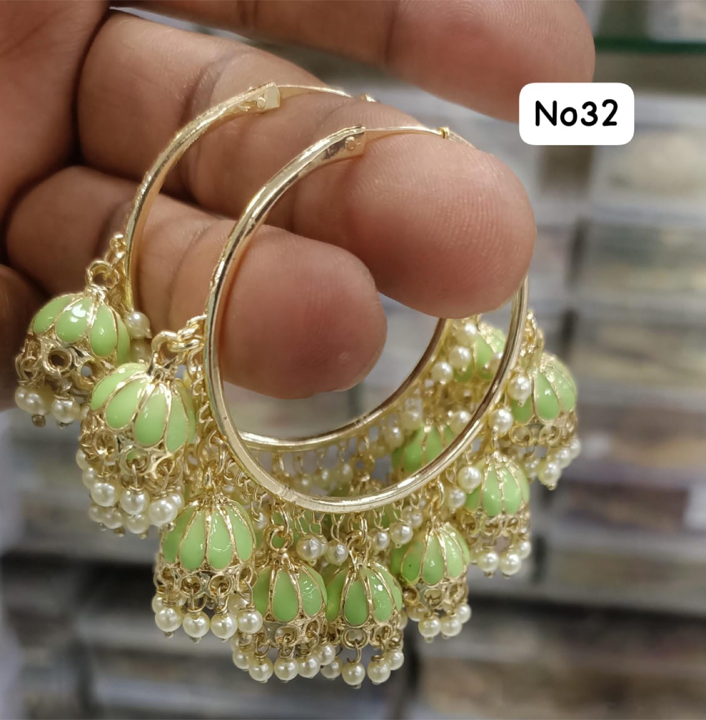Green Jhumka Hoop Earrings