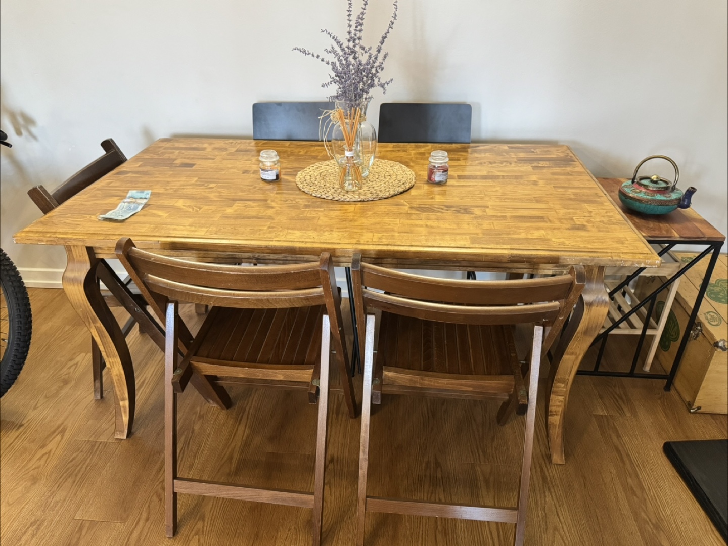 Wooden Dining Table with Folding Chairs