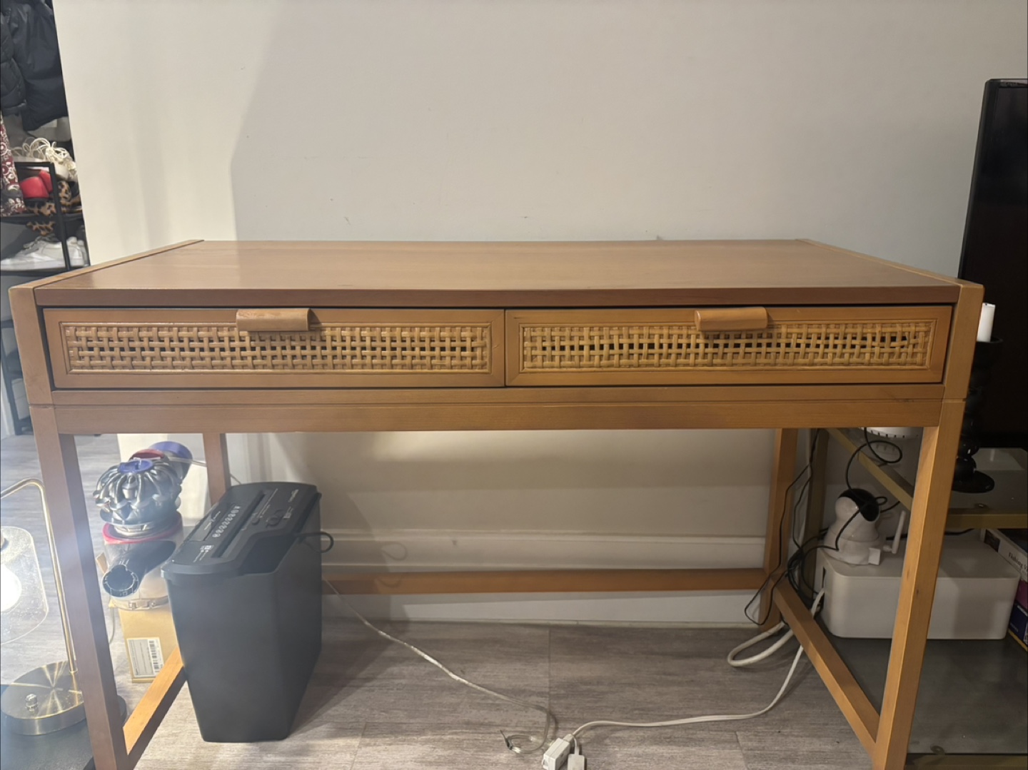 Wood Desk with Rattan Drawers