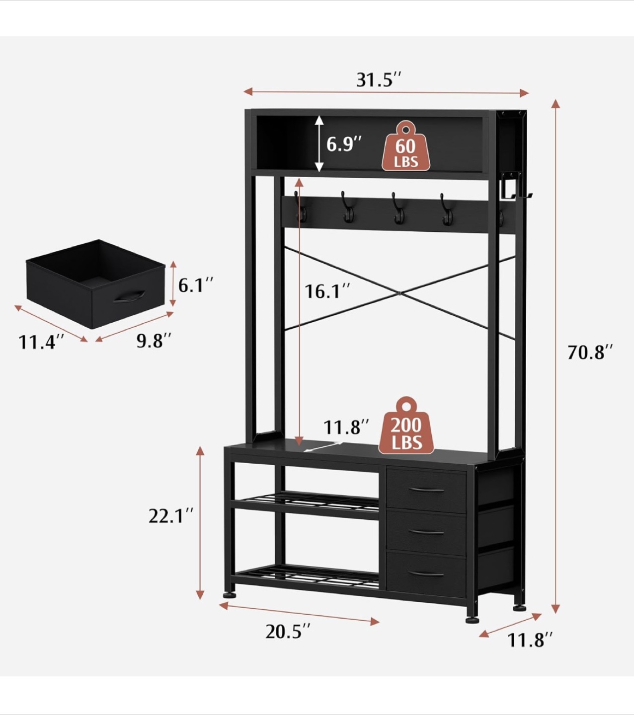 Black Hall Tree with Shoe Storage - photo 3