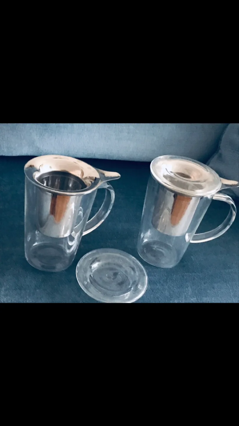 2 David’s Tea Glass Mugs+2 Glass Covers+2 Infusers+✨Free Tea image indicator(3)