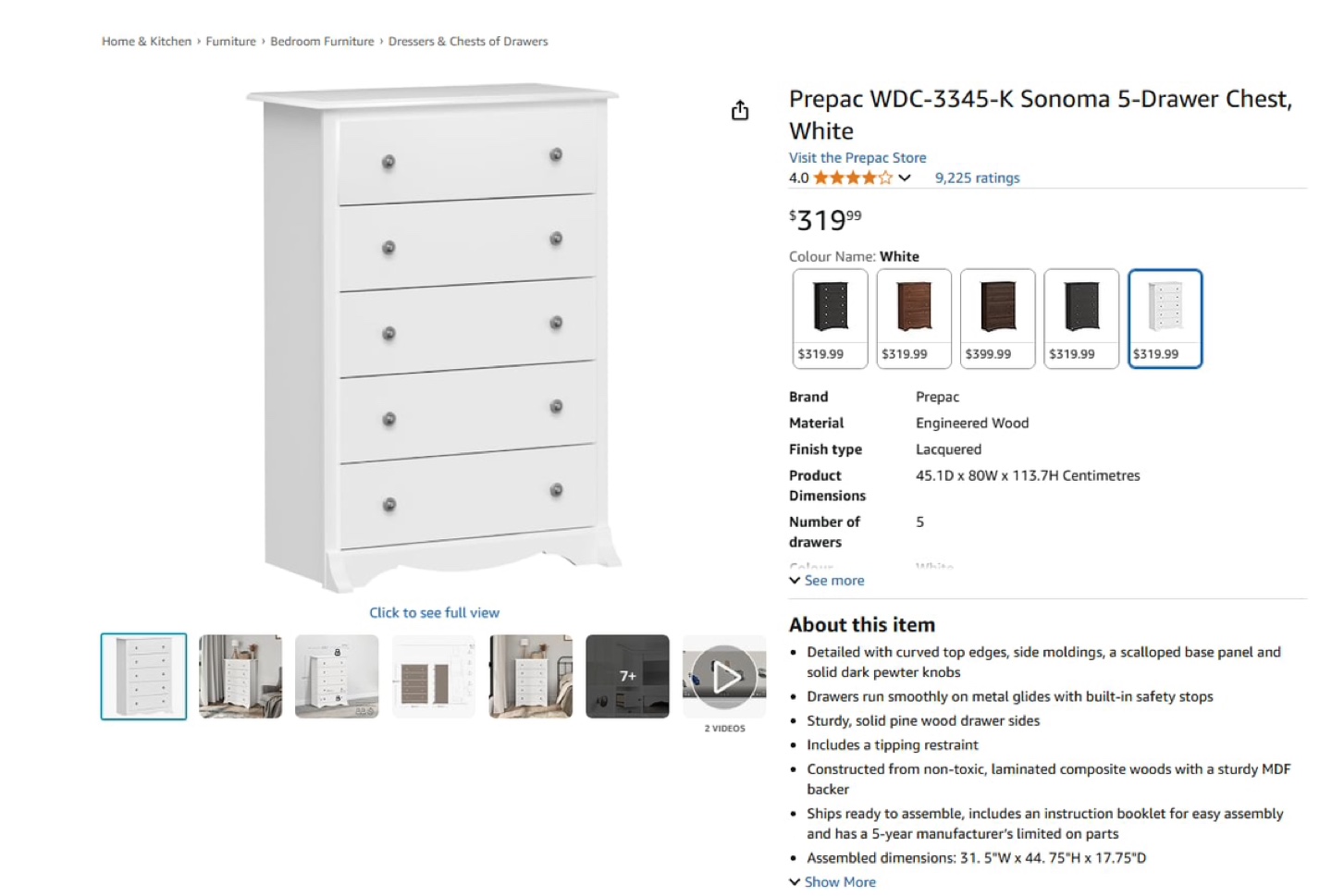 5-Drawer Dresser, White - photo 3