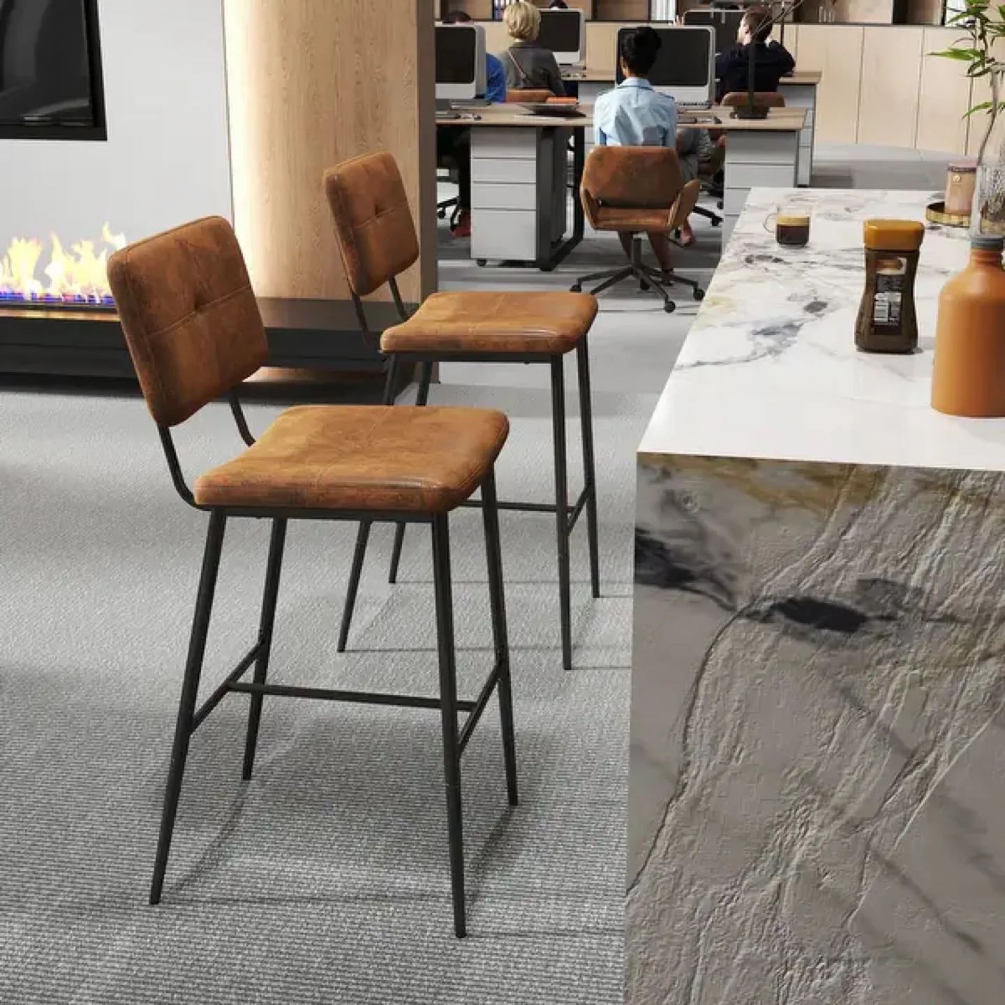 Set of 2 Vintage Suede Fabric Counter Stools with Padded Seat image indicator(2)