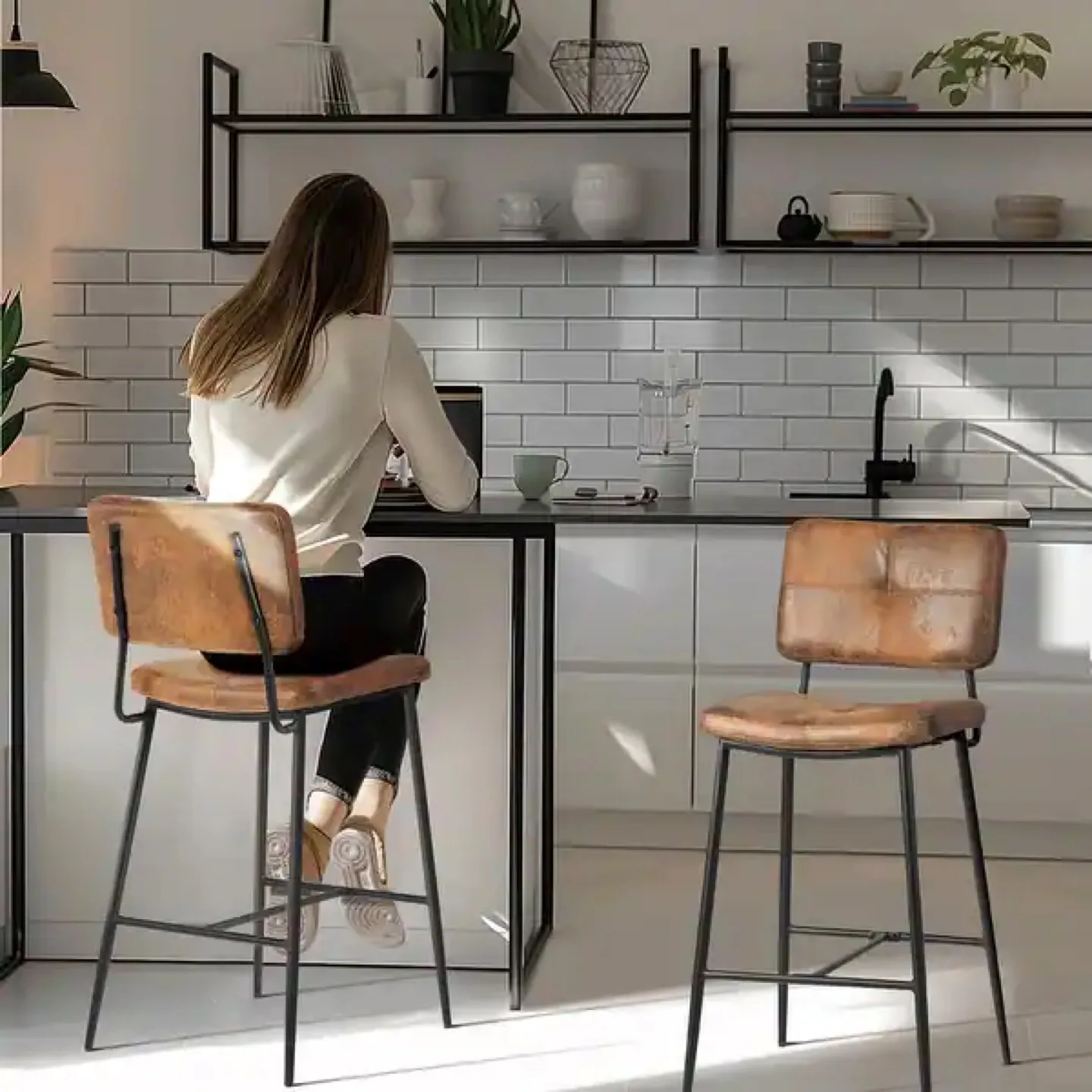 Set of 2 Vintage Suede Fabric Counter Stools with Padded Seat image indicator(3)
