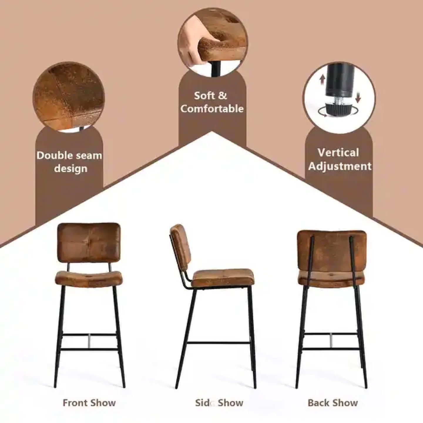 Set of 2 Vintage Suede Fabric Counter Stools with Padded Seat image indicator(7)