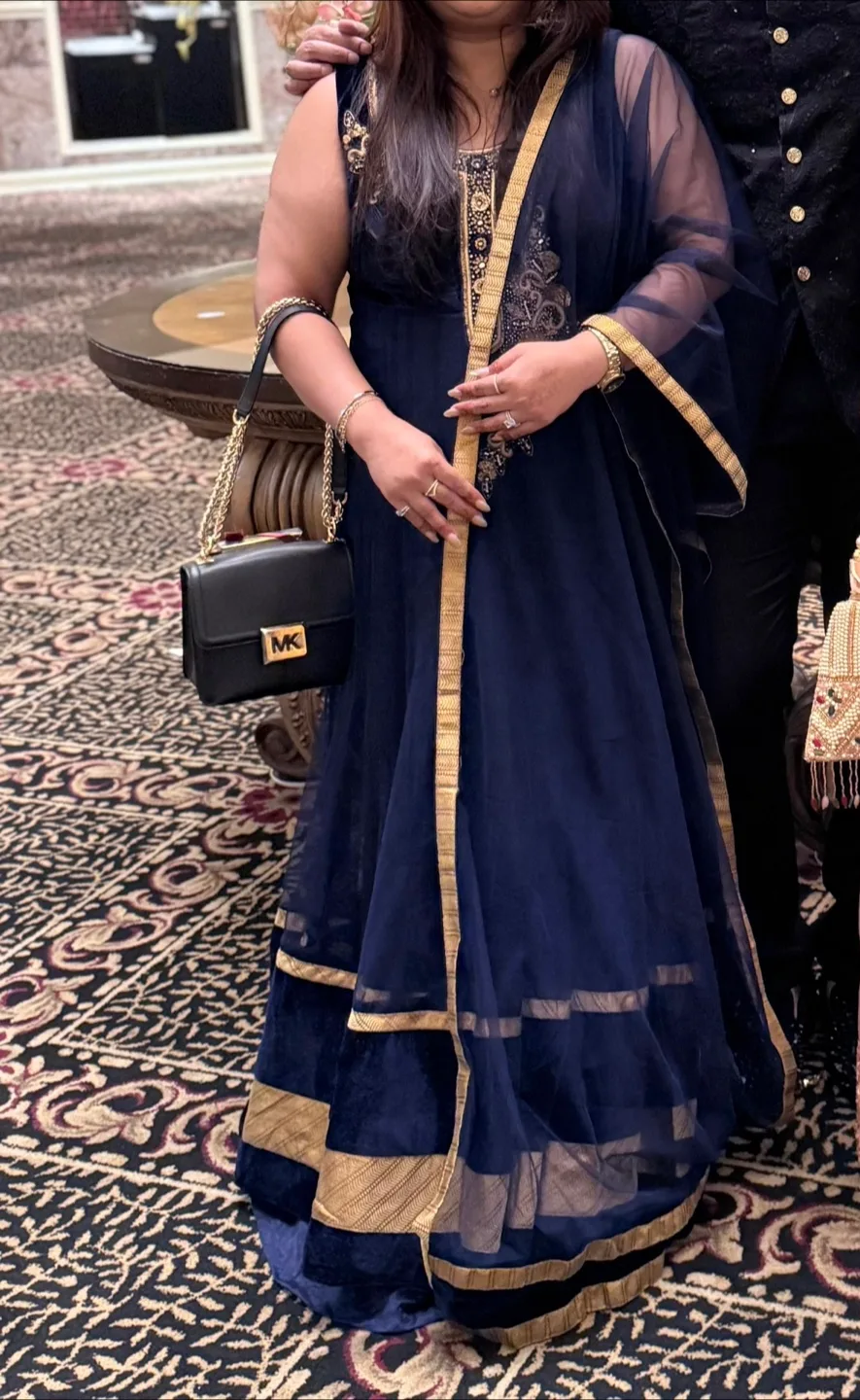 Blue & Gold Embroidered Dress with Dupatta image indicator(3)