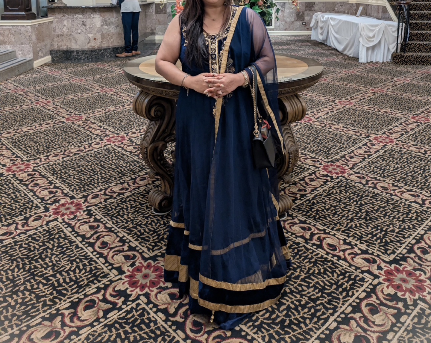 Blue & Gold Embroidered Dress with Dupatta