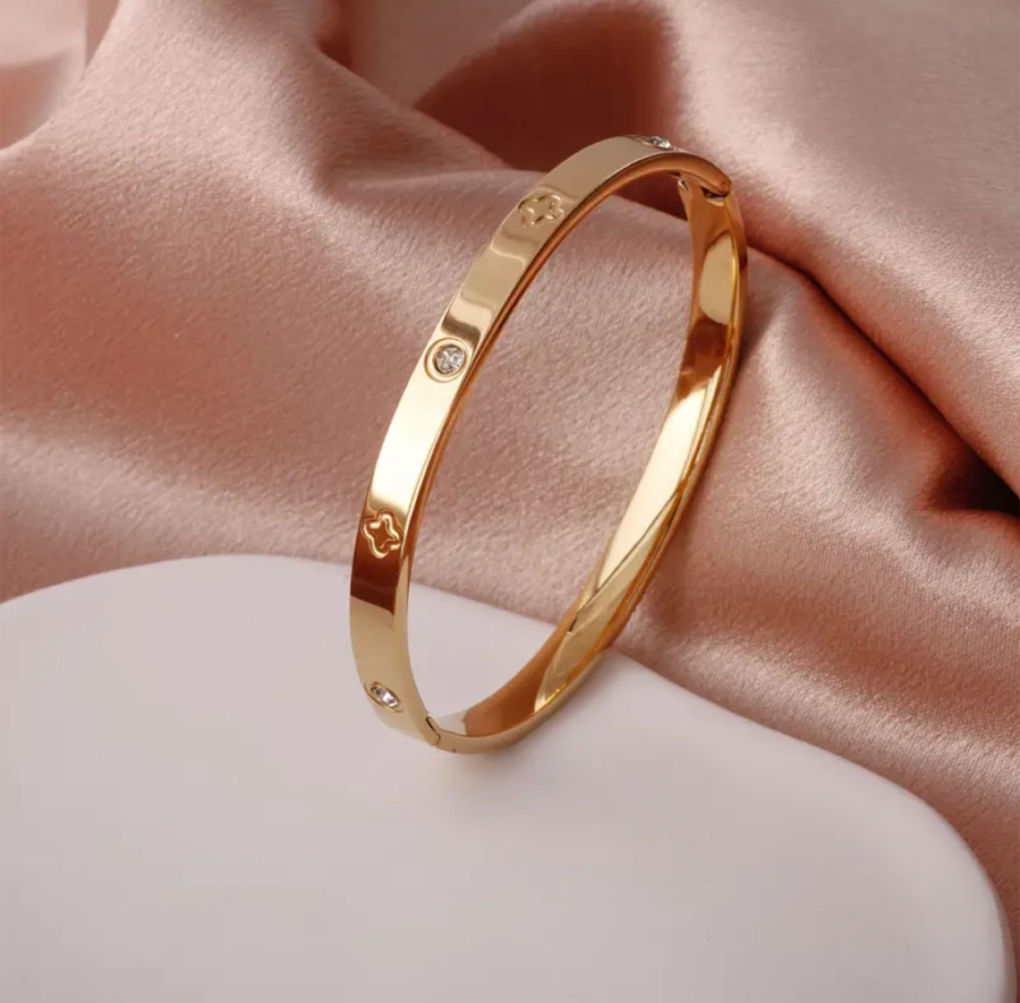 Gold Bangle Bracelet with Clover and Rhinestone Detail