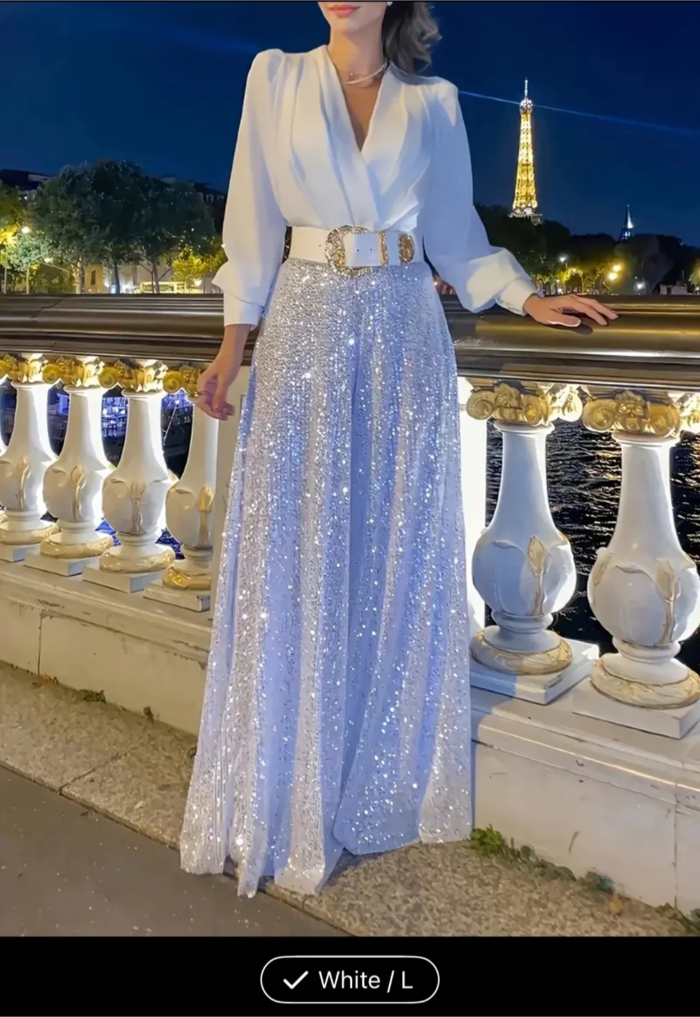 White Sequin Jumpsuit - Size L thumbnail