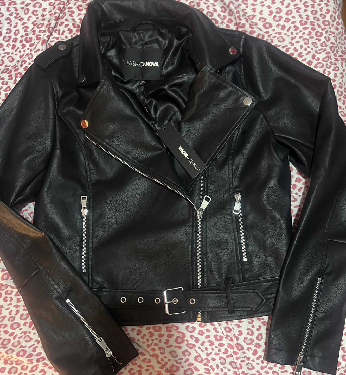 NWT Women’s Black Leather Jacket, Size Large