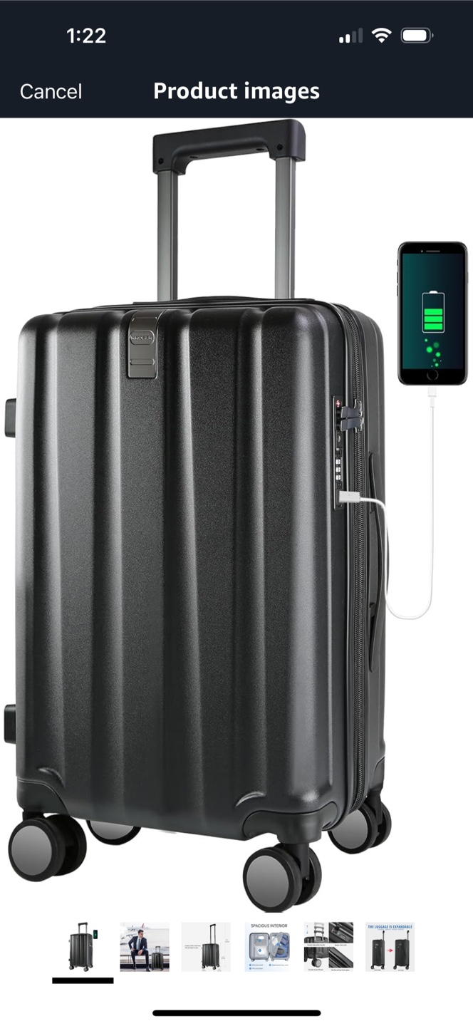 KROSER Cabin Suitcase Rolling Luggage - Black