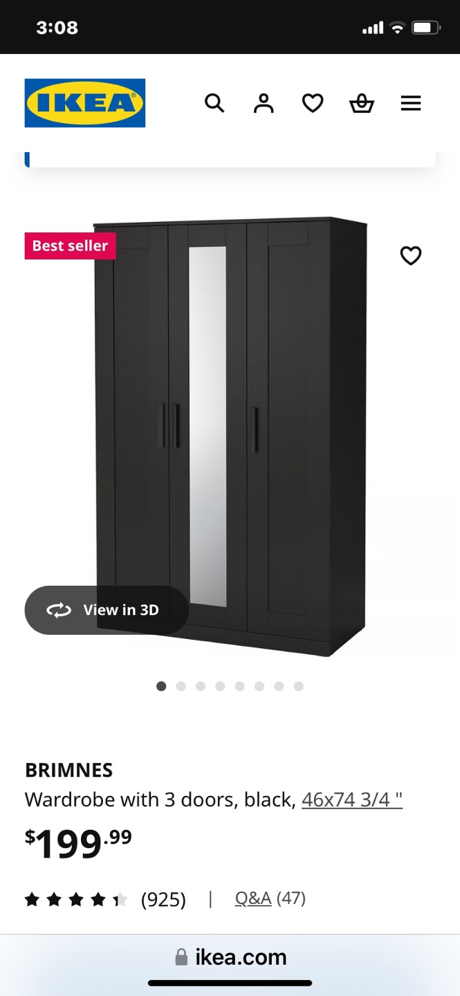 IKEA Brimnes Wardrobe with 3 Doors, Black