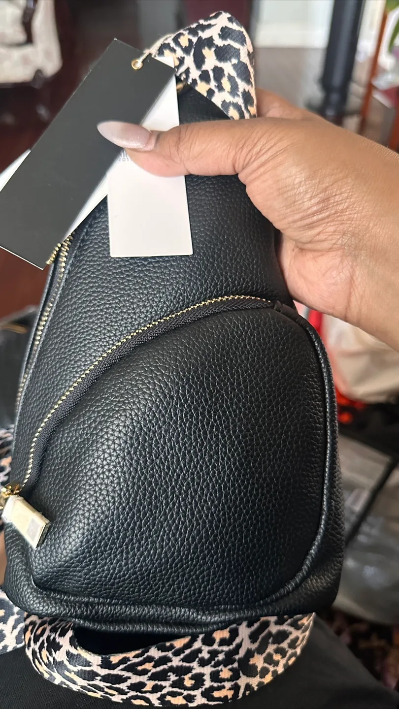 Black Leather Sling Bag w/ Leopard Print Strap thumbnail